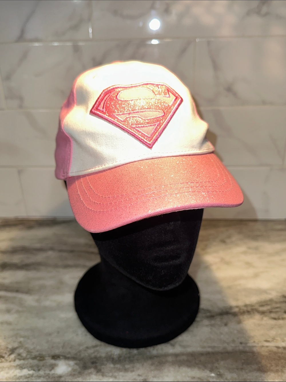 Supergirl Youth Girls Pink White Glitter Baseball Cap Hat Kids Adjustable Logo